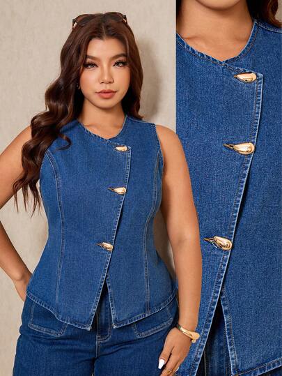  Elaquor Blusa sin mangas de mezclilla con abertura asimétrica frontal para mujer talla grande, primavera/verano, elegante y cómoda, elegante para uso casual, elegante para ir al trabajo