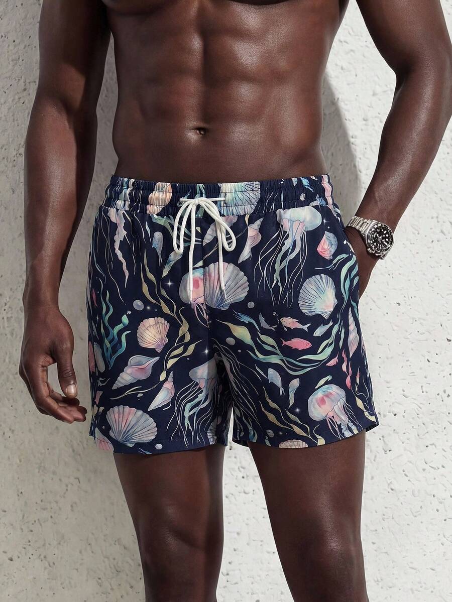 Manfinity Swimmode Men's Casual Ocean Creature Print Beach Shorts - Multicolor - View 1