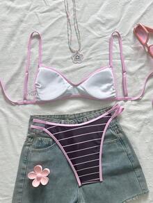 Swim Mod 女士夏季沙滩条纹印花吊带露背比基尼上衣和侧系带三角泳裤套装，甜美休闲，适合度假 - 彩色 - 查看 2