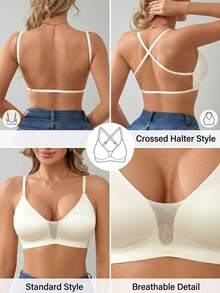 DesireSculpt 内衣睡衣 1 件装 女士简约纯色舒适无缝网眼拼接深 V 领可调节肩带无背可转换文胸 - 米色 - 查看 8