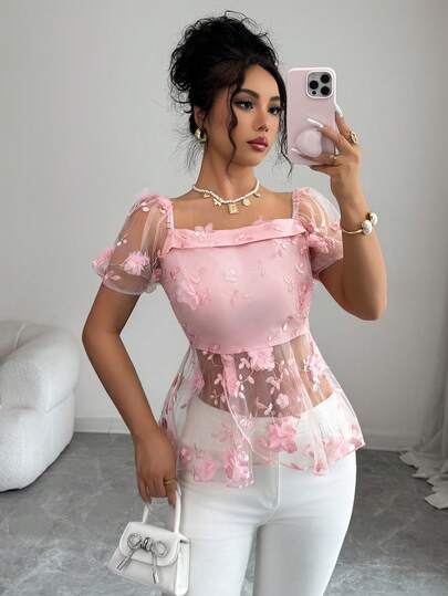 Islaluna Women's Elegant Mesh Floral Short Sleeve Blouse