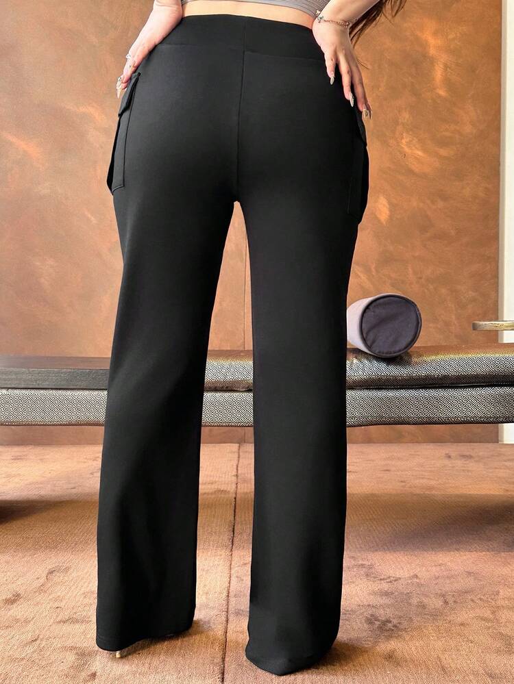 Elastic Fitted Side Pocket Flared Leg Ankle Length Pants, Black, All Season