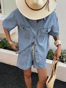 DAZY 女士休闲水洗口袋衬衫和牛仔短裤套装，夏季 - 藍色 - 查看 6