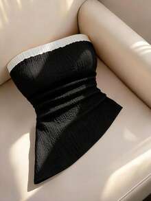 Franclia Classic Black-And-White Contrast Neckline, Textured Bubble Knit Fabric, Waist-Cinching Design, Date-Night Outfit Style, Strapless Bandeau Silhouette, - Black - View 1