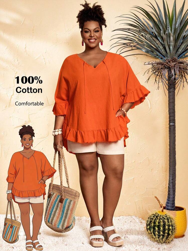 Plus Size Women's Summer Casual Vacation Country Solid Color Burning Orange Ruffle Hem Long Loose Fit Basic Short Sleeve Blouse,Comfortable And Breathable,Summer Holiday,Spring Break,Vacation,Holiday,Going Out,2026 New,Simple And Fashionable For Everyday Wear