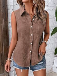 EMERY ROSE Women's Vacation Casual Solid Color Sleeveless Shirt Vacation Shades Of Brown Summer - Brown - View 5