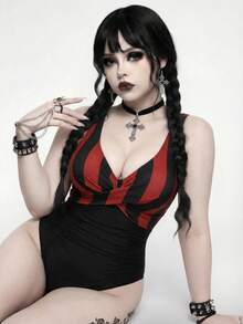 ROMWE Goth New Summer Beach Vacation Punk Striped Retro Patchwork Plus Size One-Piece Swimsuit - Black - View 4