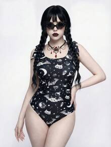 ROMWE Goth Plus Size Women Moon & Bat Print One-Piece Swimsuit - Black - View 5