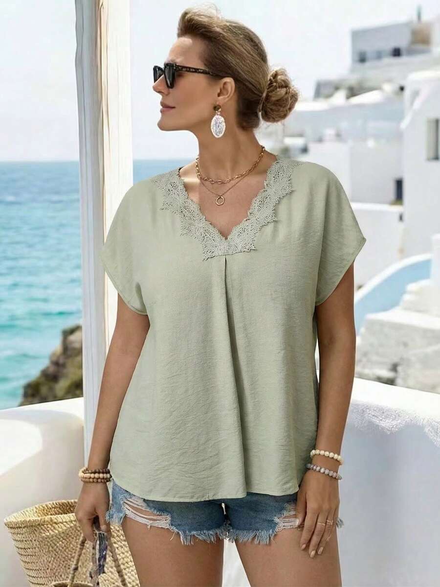 Parysyn Plus Size Women's Sage Green Summer Elegant Blouse,Vacation Holiday Beach V Neck Lace Trim Pleated Front Dolman Short Sleeve Loose Fit Casual Top - Green - View 1