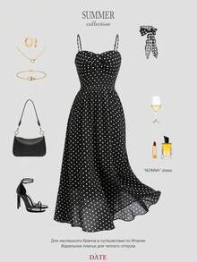 GlowEve CURVE Robe évasée en mousseline de soie à pois noirs et blancs sans manches avec taille élastique, pour femmes grandes tailles. Élégante, mignonne, convient pour le quotidien, les vacances, les déplacements, les sorties, le style de rue français, vintage, printemps/été, fluide, respirante - Noir - Voir 1