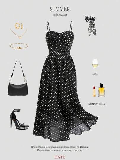 GlowEve CURVE Plus Size Women's Black & White Polka Dot Chiffon Sleeveless Elastic Waist Flared Dress, Elegant, Cute, Suitable For Daily, Vacation, Commute, Dating, French Street Style, Vintage, Spring/Summer, Flowy, Breathable