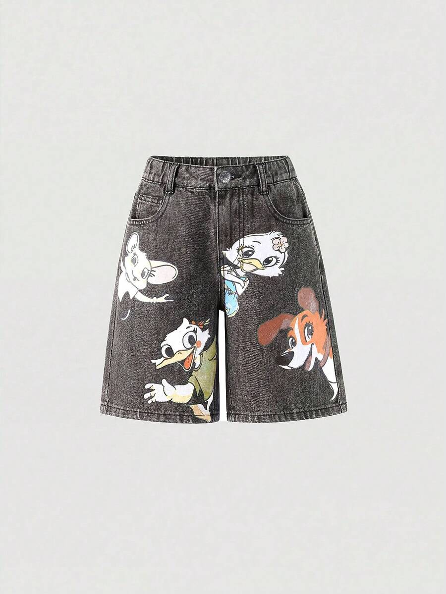 SHEIN 少女夏季牛仔褲,百搭水洗牛仔,復古卡通印花寬腿牛仔短褲 - 灰色 - 查看 1