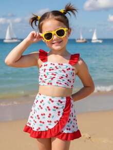 3件套女童（小号）樱桃印花荷叶边吊带泳衣 - 紅色 - 查看 3