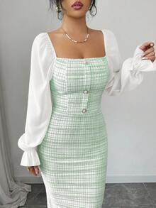 Elenzga Đầm chiffon cổ bẻ phối vải tweed thanh lịch, thích hợp cho hẹn hò/nghỉ lễ. - màu xanh lá - Xem 7
