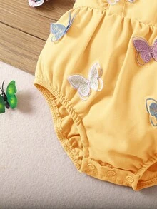 新生女宝宝可爱休闲蝴蝶荷叶边连体衣，夏季 - 黃色 - 查看 5