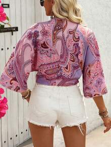 SHEIN Holidaya 女士波西米亚风印花长袖系带上衣 - 粉色 - 查看 2