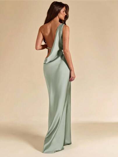 SHEIN BAE Vestido largo de satén con espalda descubierta y cola de pez en color verde salvia y verde pistacho, vestido de dama de honor, vestido de satén, vestido sexy, vestido para brunch, atuendo de invitado de boda