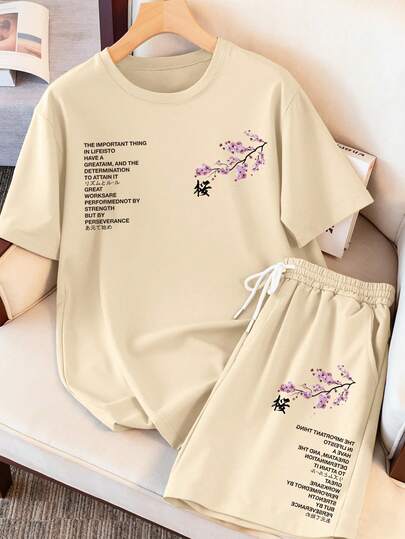 Manfinity Joysei 男士休闲标语印花T恤短裤套装（2件套），夏季