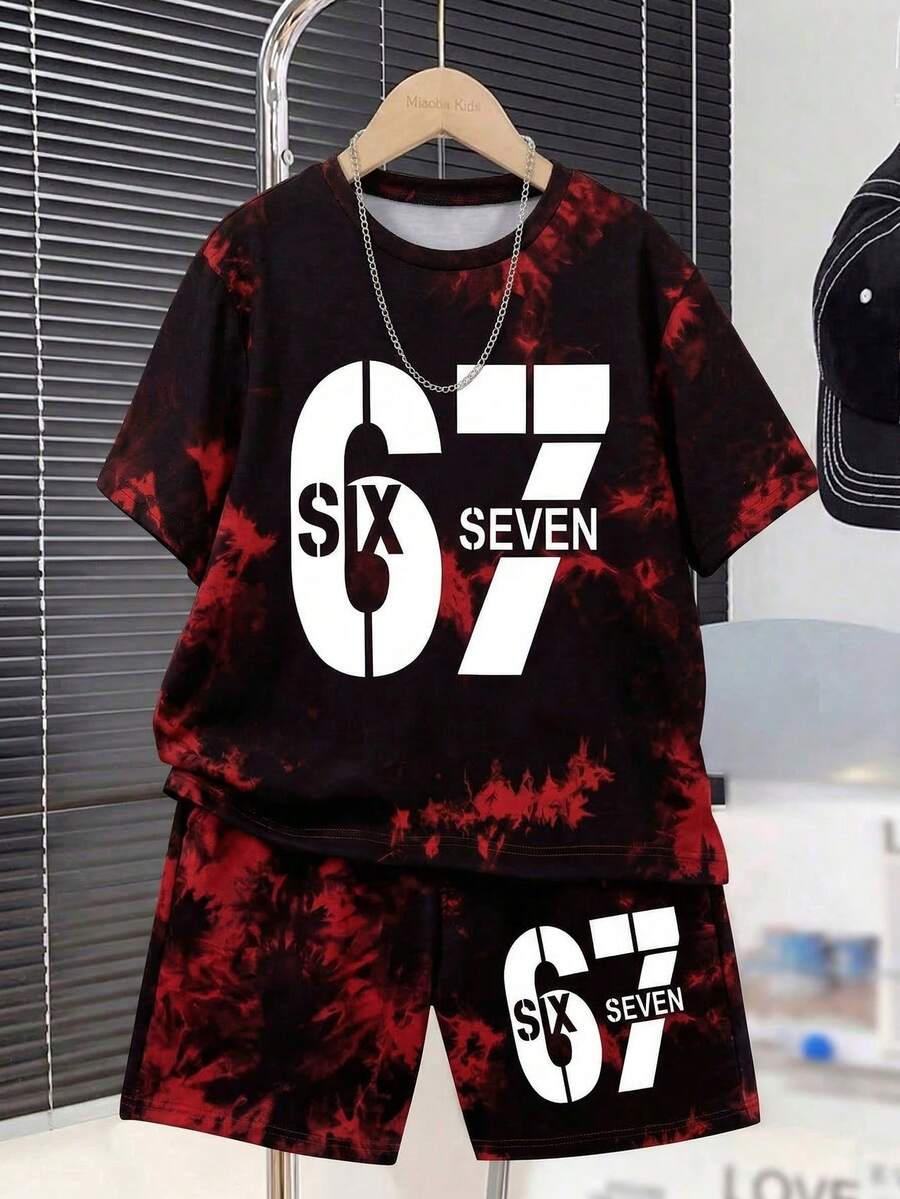 青少年男孩新款休閒簡約 Y2K 數字 67 6&7 經典時尚 紮染風 運動風 寬鬆舒適圓領短袖 T 恤,適合春夏男孩穿搭,2 件組 67 T 恤男士夏季青少年男孩服裝套裝 - 彩色 - 查看 1