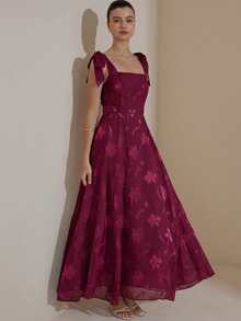 BELROSIE French Design Luxurious Elegant Burn-Out Camisole Tie-Up Waist Flared Sleeveless Dress - Burgundy - View 6