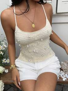 Sunnyshic Áo kiểu nữ thanh lịch, sang trọng, thích hợp cho kỳ nghỉ biển, chất liệu dệt kim, dây đeo chéo đính ngọc trai, kiểu dáng đa năng. - Màu be - Xem 5