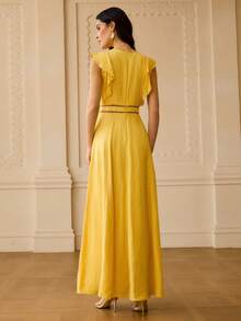 ZEYLAH Linen Hollow Embroidered Lace Patchwork A-Line Dress, Spring/Summer - Yellow - View 3