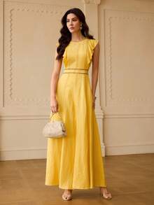 ZEYLAH Linen Hollow Embroidered Lace Patchwork A-Line Dress, Spring/Summer - Yellow - View 4