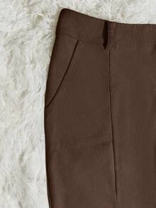Franclia Women's Solid Color Corduroy Pocket Slit Skirt With Belt - Brown - View 4