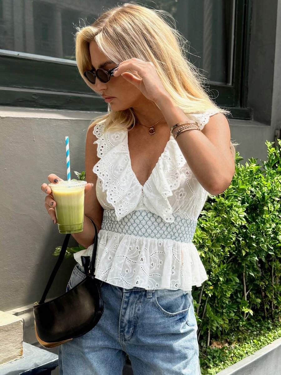 Elyressa Women's Summer Vacation Patchwork Ruffle Hem Embroidered Sleeveless Blouse - White - View 1
