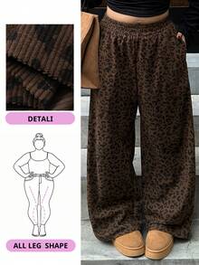 Dazy Plus Plus Size Women Elastic Waist Loose Leopard Print Straight Leg Long Corduroy Pants - Coffee Brown - View 10