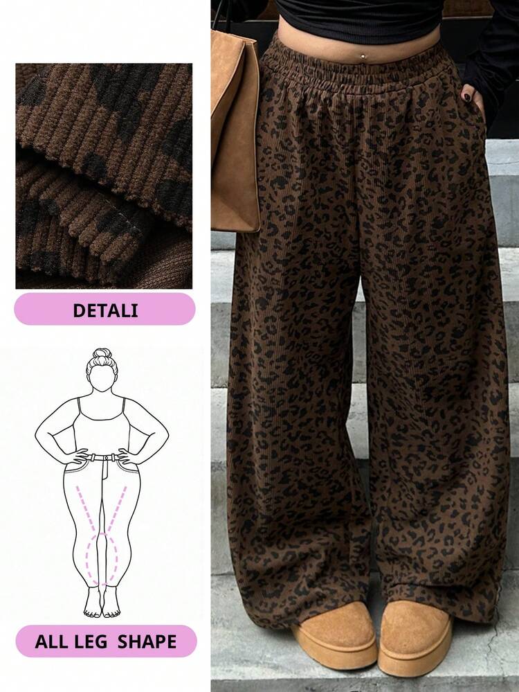 Plus Size Women Elastic Waist Loose Leopard Print Straight Leg Long Corduroy Pants