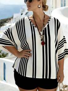 EMERY ROSE Plus Size V-Neck Batwing Striped Vacation Chiffon Cover Up - Apricot - View 4