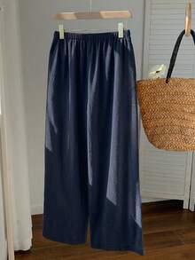 Comfortcana Women's Summer Drawstring Waist Starfish & Shell Print Casual Wide Leg Pants, Versatile Daily Wear, Spring Outfit, Navy Blue - Navy Blue - View 2