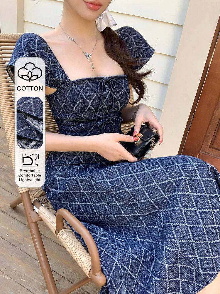 Vintage Washed Blue Textured Plaid Dress, Elegant Fit & Flare Silhouette For Music Festival, Valentine's Day, Wedding Party, Commute, Spring & Summer