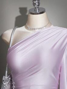 SHEIN ICON Plus Size Asymmetric Neck Ruffle Asymmetrical Flare Sleeve Satin Top, Suitable For Ball, Party, Date, Elegant Top - Mauve Purple - View 5