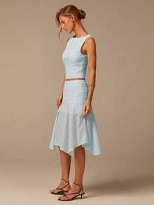 COSMINA Light Blue Summer Elegant Vacation Sleeveless Top And Skirt Set,Ladies'Suit,Pattern Knitted Elastic Jacquard Fabric,Valentine's Day Beach Daily Wear - Baby Blue - View 5
