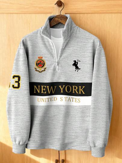 Manfinity Campus Court Men's Half Zip Pullover With New York Letter & Number Horse Logo Print, Contrast Color Casual Loose Retro American Style Sweatshirt