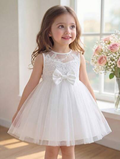 SHEIN 女婴拼布刺绣网纱蝴蝶结装饰无袖连衣裙