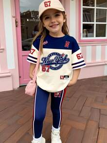 2pcs/Set Girls Casual Creative Graphic Tee And Pants Outfit, Comfortable Daily Wear For Spring, Summer And Autumn - Multicolor - View 3