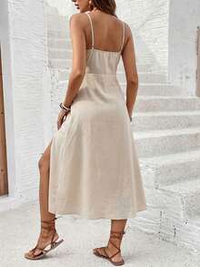 SHEIN Frenchy Women's Casual Vacation Slit Strap Mid-Length Dress, Women's Vacation Dress, Women's Summer Outfit - Apricot - View 2