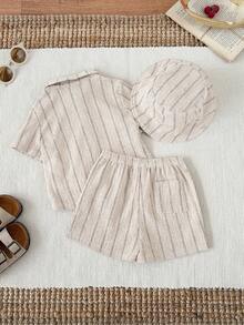 SHEIN 3pcs/Set Unisex Baby Boy/Girl Khaki Striped Short Sleeve Shirt, Shorts And Sun Hat, Spring/Summer Baby Boy Clothes Outfits - Apricot - View 2