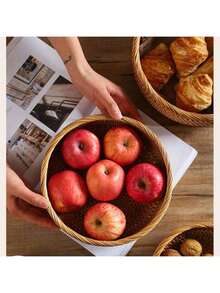 1 Buah Nampan Bulat Anyaman Rotan dengan Tepi Bergelombang, Piring Buah, Keranjang Penyimpanan Dapur, Keranjang Buah & Sayuran, Keranjang Penyimpanan Rotan Buatan Tangan - Coklat - View 8