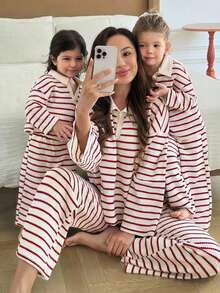 SHEIN Bộ áo thun polo tay dài kẻ sọc dễ thương thường ngày đa năng cho bé gái và quần cạp chun - Đỏ - Xem 1