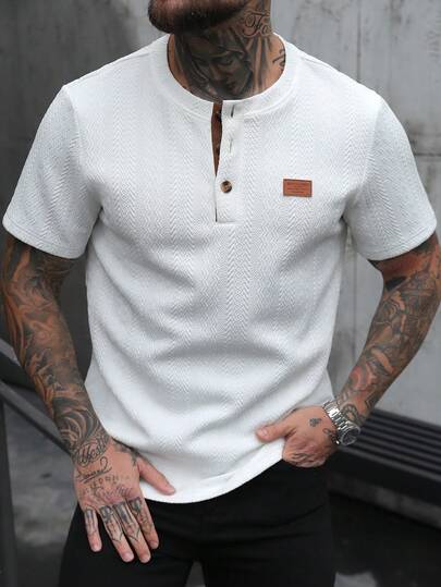 Manfinity CasualCool Men's Comfortable Geometric Jacquard Fabric Polo Shirt, Suitable For Men's Casual, Party, Gathering, Friend Dates, Sports, Simple Office Wear, Classic Hot-Selling Spring/Summer Yamamoto Style Short Sleeve T-Shirt, Suitable For Self-Wear Or Gift To Friends