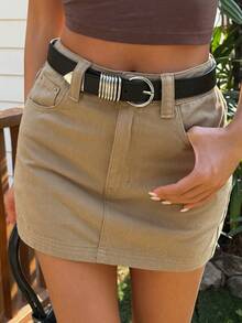 DAZY Women's Regular Waist Super Short Street Casual Washed Denim Mini Skirt Y2k - Khaki - View 7