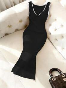 新款奢华时尚撞色V领简约优雅女装，夏季新款撞色无袖修身针织吊带连衣裙，性感妩媚日常通勤修身连衣裙 - 黑色 - 查看 6