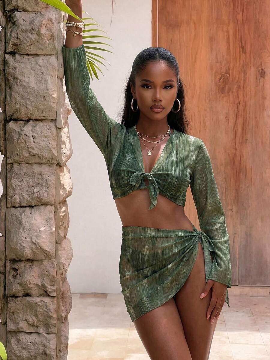 Vaytide 紮染比基尼套裝吊脖三角形文胸和泳衣下裝和罩衫半身裙3入組泳衣