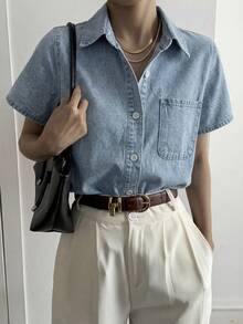 DAZY 女士休闲牛仔衬衫，翻领设计，带大口袋 - 藍色 - 查看 3