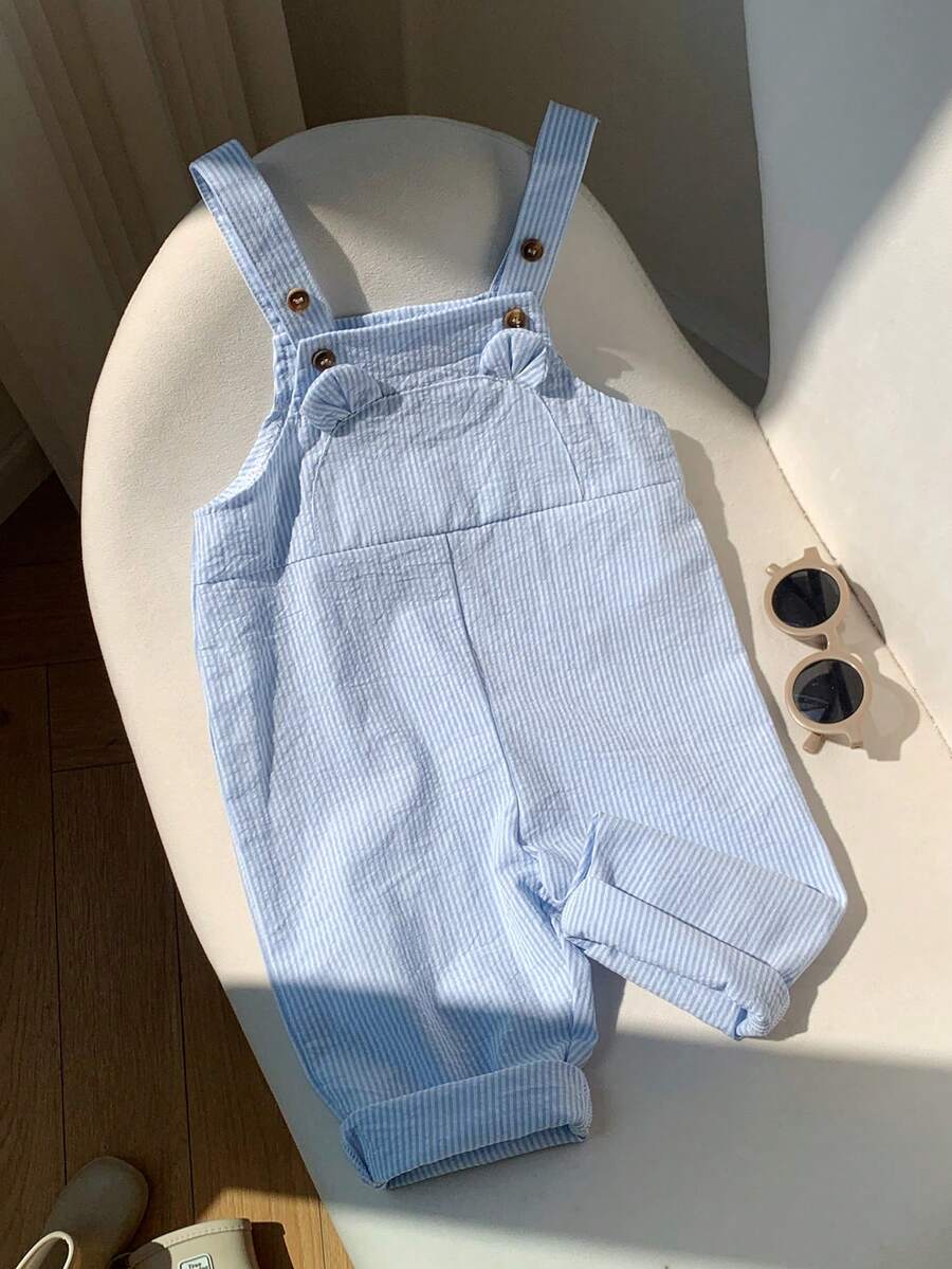 SHEIN Baby Boy/Girl Summer Blue & White Striped Bib Overalls, Casual Vacation Outfit Suitable For Home, Outing, Beach - Multicolor - View 1