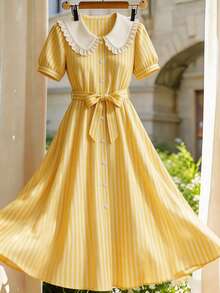 Franclia 夏季清新黄白竖条纹连衣裙，彼得潘领荷叶边花瓣袖收腰中长连衣裙，休闲宽松衬衫裙，适合通勤、约会、外出穿着。 - 彩色 - 查看 2